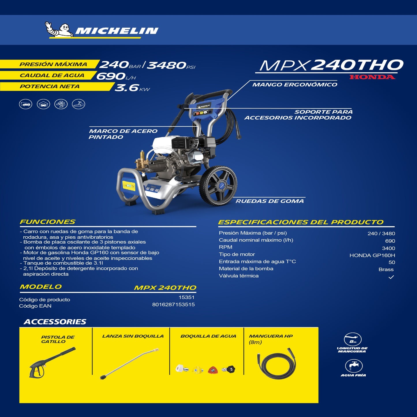 MICHELIN High Pressure Washer, Honda Petrol Engine, 240 Bar, 690 L/H - MPX240THO - DIY Store