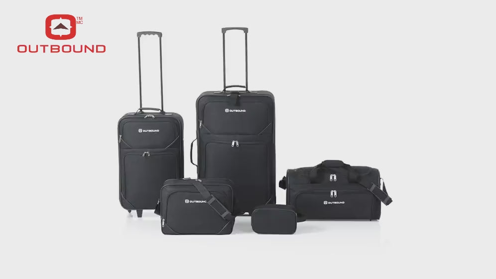 OUTBOUND 5-Piece Softside Wheeled Travel Luggage Set, Includes 26" & 21" Upright Suitcases, Duffel Bag, Boarding Tote & Toiletry Kit - Black