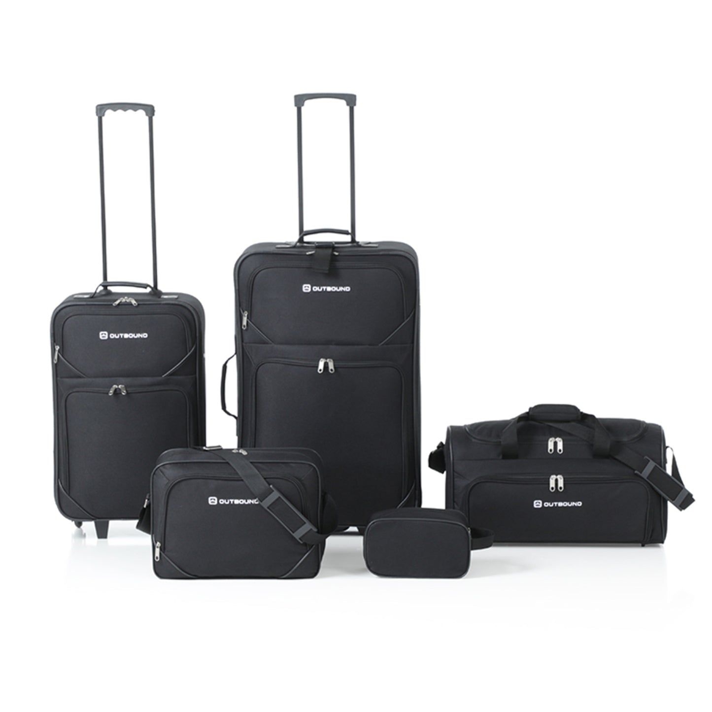 OUTBOUND 5-Piece Softside Wheeled Travel Luggage Set, Includes 26" & 21" Upright Suitcases, Duffel Bag, Boarding Tote & Toiletry Kit - Black