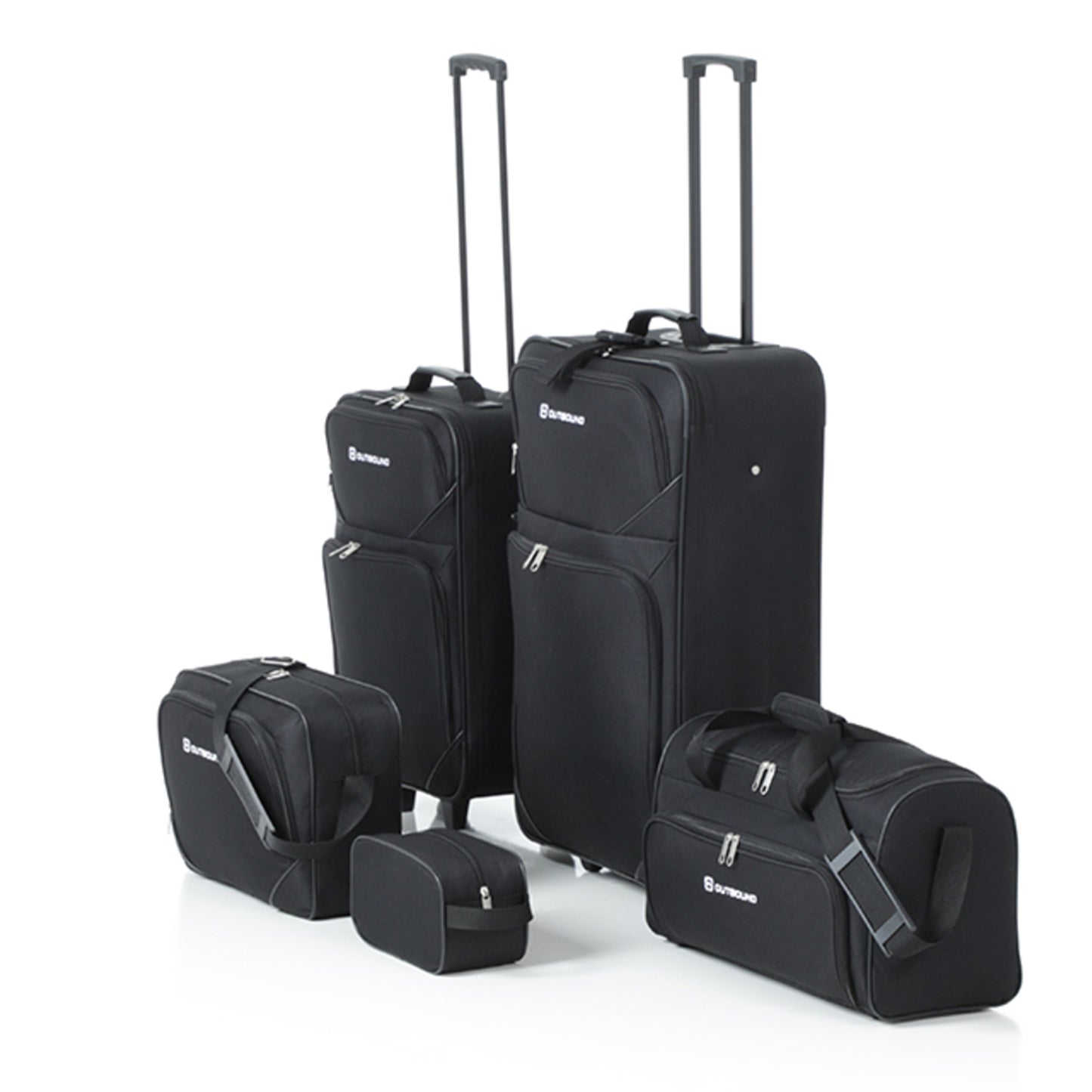 OUTBOUND 5-Piece Softside Wheeled Travel Luggage Set, Includes 26" & 21" Upright Suitcases, Duffel Bag, Boarding Tote & Toiletry Kit - Black