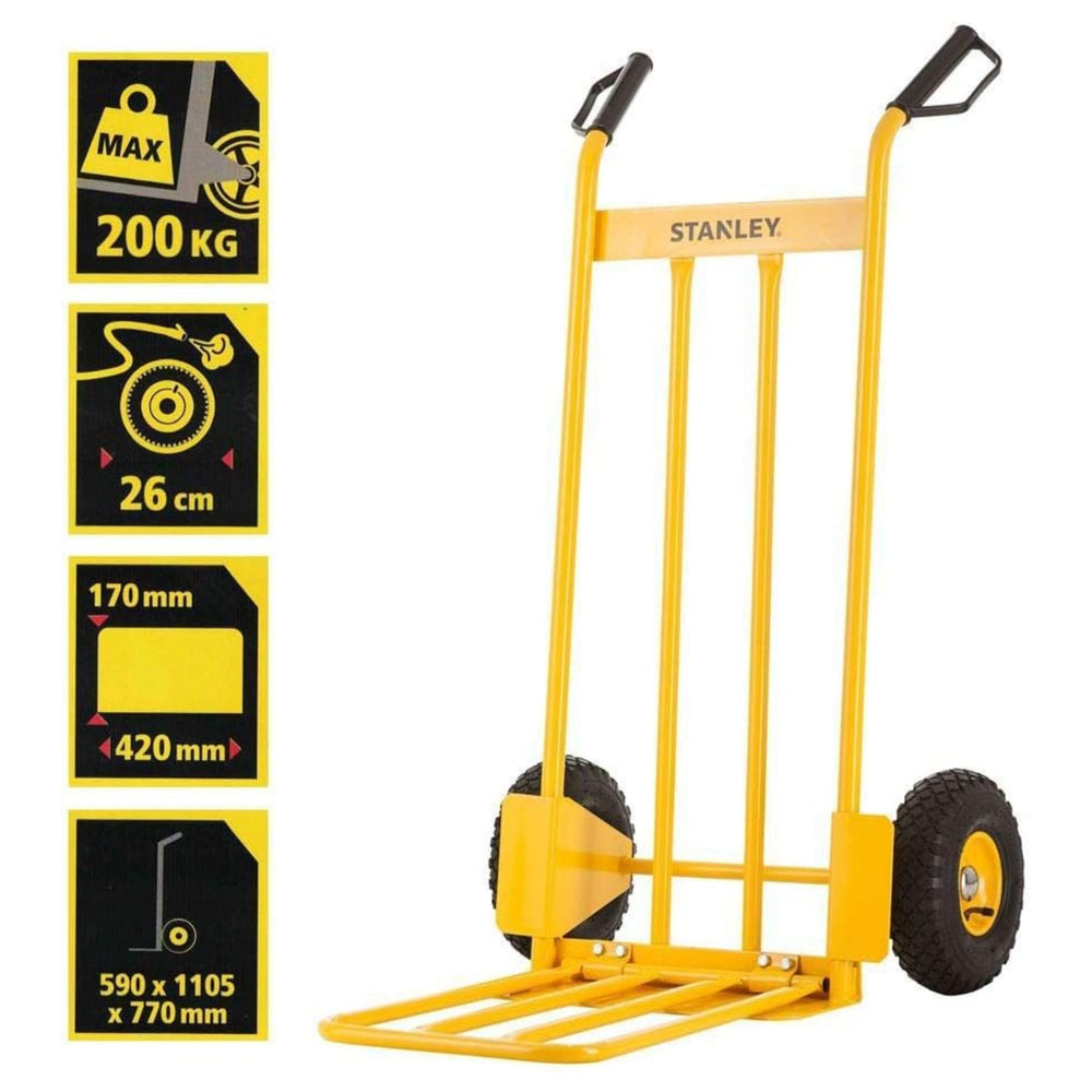 Arwani STANLEY Steel Hand Truck - 200 kg Load Capacity, Extra-Large Platform, Pneumatic Wheels, Foldable Design 