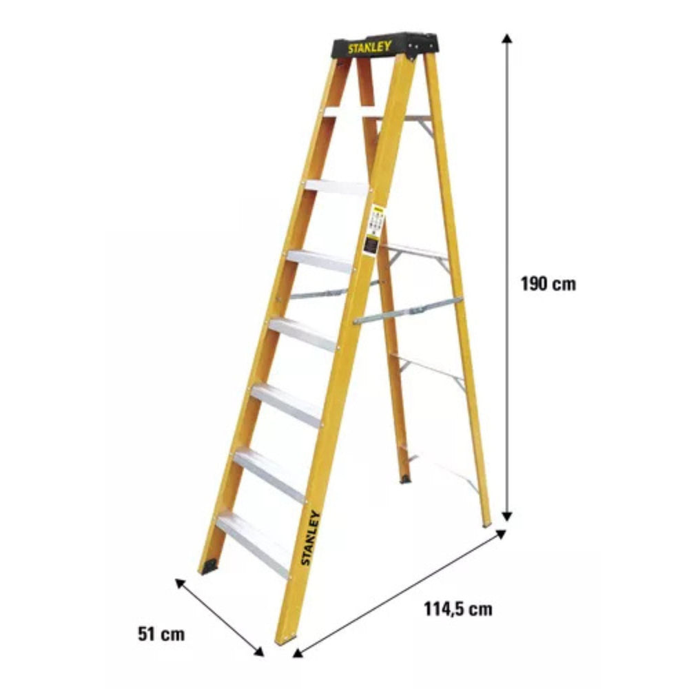 STANLEY Step Ladder 7 Steps Fiberglass Ladder Anti Slip Steps Non-Slip Rubber Edge Guards 150 Kg Loading Capacity EN131 Approved