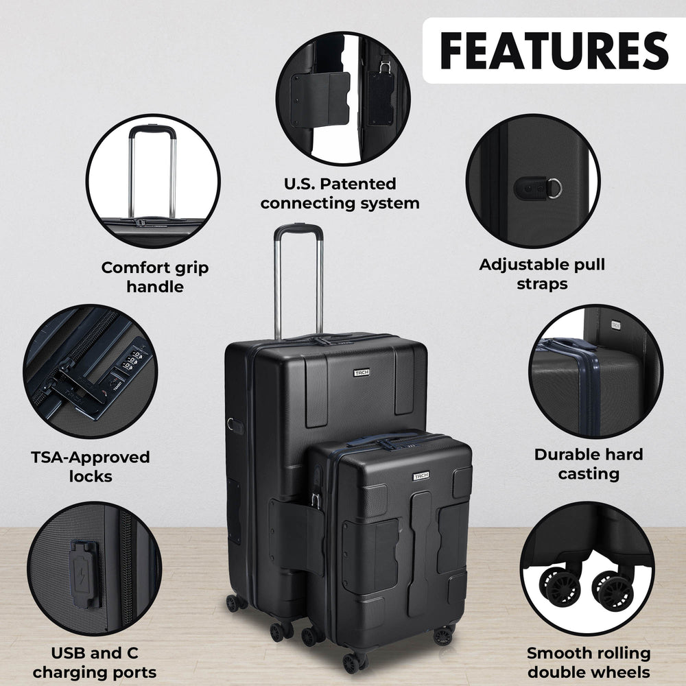 
                      
                        TACH Connectable Luggage 2pc Set Hard Shell Large + Carry-on 28"/20" inches - Arwani 
                      
                    