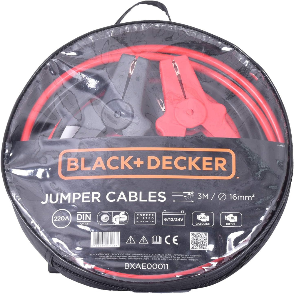 BLACK+DECKER Car Jumper Cables 3m Long with Insulated Clamps