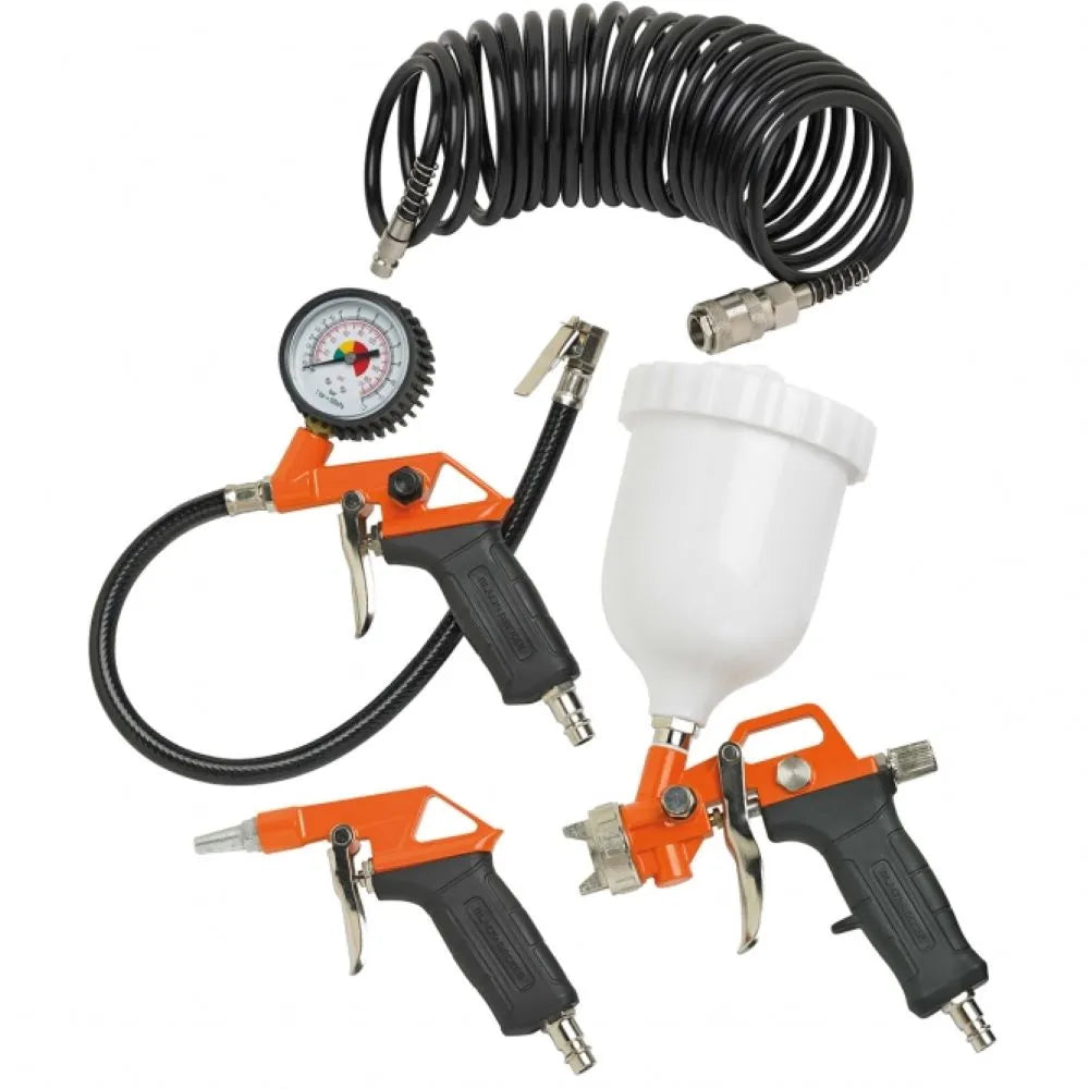 Arwani BLACK+DECKER Air Tools Kit 4 Pcs, Includes Air Dusting Gun, Inflating Gun, Gravity Spray Gun and 5m Spiral Hose 